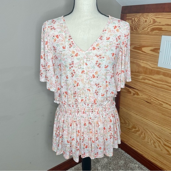 Torrid Mesh White Floral Smocked Waist Flutter Sleeve V-Neck Top 0 Large L - Picture 2 of 10